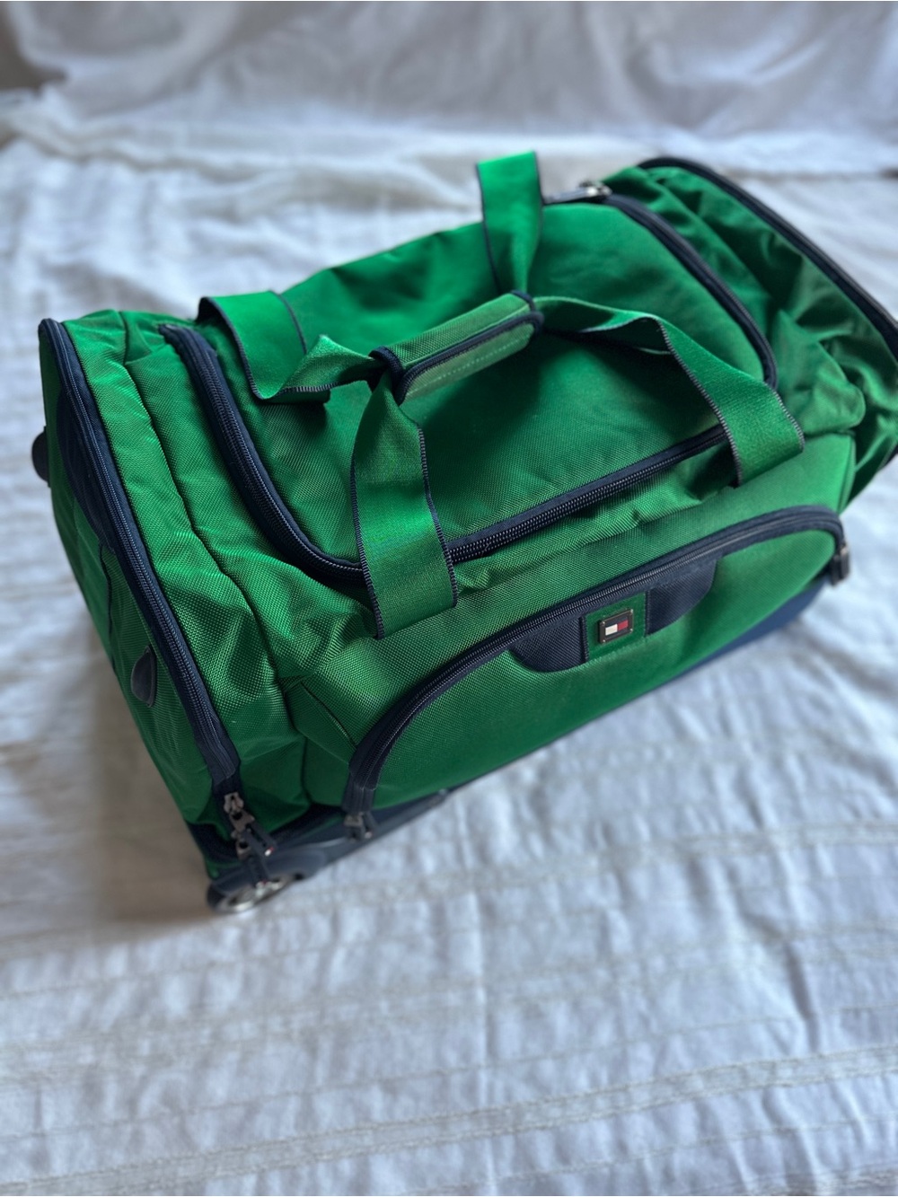 Vintage 90s Tommy Hilfiger Green Rolling Duffel Bag Heritage Stripe Luggage